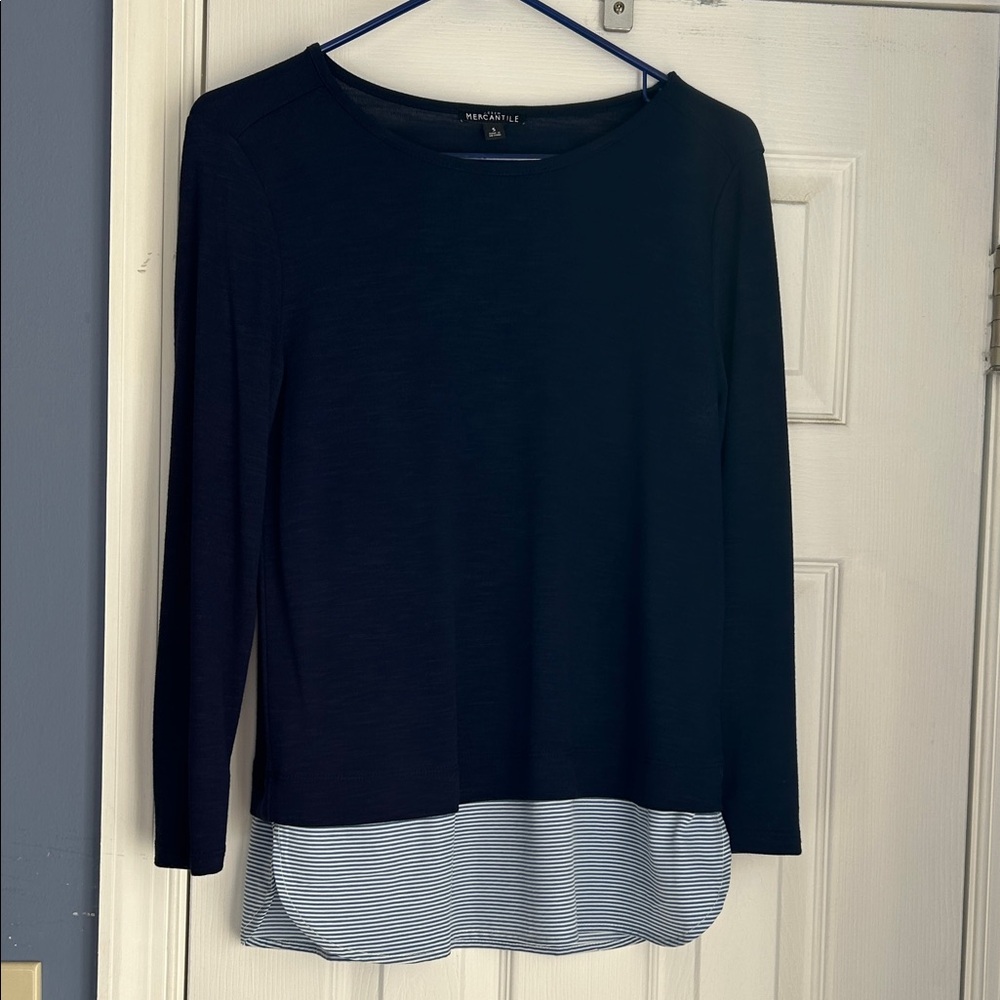 J. Crew Navy Long Sleeve Top with Striped Hem